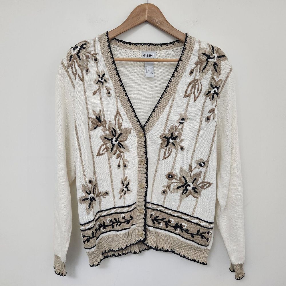 KORET Petites Women's Cream White Floral Cardigan Sweater Button Closure Size M